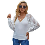 Backless Women Lace Blouse V Neck Long Sleeve Lace Stitching Shirts Sweet Spring Elegant White Woman Blouses Top