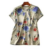 Improved Cheongsam Version High-Density Partial Cardigan Buckle Imitation Mulberry Silk Printed Blouse Women's Summer 2023 New Style-Outfit