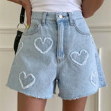 Fongt And Cute Hairy Heart Pattern Denim Shorts Women's Summer New High-Waisted Loose Thin Leg Shorts