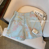 Advanced Sense Shorts Girls 2023 Summer Embroidery Retro High-End Trousers Satin Wide Legs Blue Hip Pants-Outfit