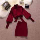 Ropa Mujer Fashion 2 Piece Set for Women Turtleneck Lantern Sleeve Bandage Hoodies Bodycon Mini Skirt Suit Elegant