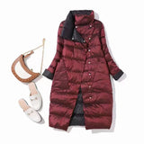 Autumn And Winter Thin White Duck Down Down Jacket Female In The Long Inclined Pocket Lapel Both Sides Through The Knee Coat Tide-Outfit