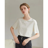Round Neck Short Regular Sleeve T-shirt Loose Straight Midweight Office Lady Solid Yellow Drape Short