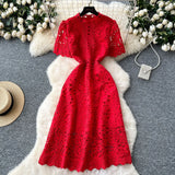 Fongt Squeer Hook Lace Dress Female French Waist Thin Temperament Short-Sleeved Long Dress 2025 Summer