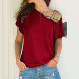 Fongt Explosion Casual Slanted Shoulders Cross Irregular Short-Sleeved Print Women T-Shirts