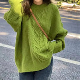 Fongt Green Pure Color Fresh Sweet Twist Sweater Knitting 2024 Autumn And Winter New Korean Retro Advanced-Outfit
