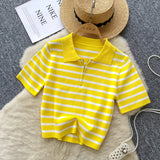 Fongt Knitted Women 2025 Summer South Korea Ins New Trendy Sleek Striped T-Shirt Women's Tops
