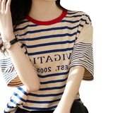 Fongt Version Of Loose Good-Looking Youth-Down Navy Blouse Woman! Letters Printed Short-Sleeved Cotton Striped T-Shirt