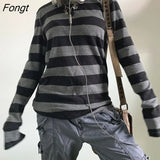 Women Fairy Grunge Knit Basic Shirt Autumn Y2K Grey Black Striped Long Sleeve Round Neck Tops Emo