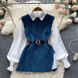 Light Luxury Ladies Dress Set Women's Loose Long-sleeved White Shirt Top + Slit Knitted Vest Vest Two-piece Set-Outfit