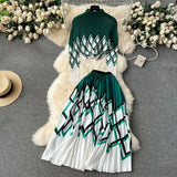 New Advanced Casual Women's Elastic Long Sleeve Pleated Top+High Waist Pleated Half Skirt Printed Skirt 2-piece Set-Outfit