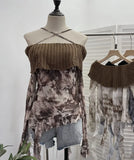 Fongt Shot Shoulder Cross Hanging Neck Knitting Mesh Yarn Coat Irregular Ribbon Horn Long-Sleeved T-Shirt 1101