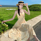 Fongt Summer Vacation Gentle Yellow Tune Dyed Flowers With Neck Flounce Print Skirt Beach Skirt-Outfit