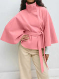Fongt Women's Autumn And Winter New Fashion Pure Color Cape Collar Collar Belt Wind Coat