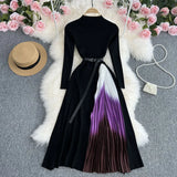 Fongt Knit Splicing Dress Simple Temperament Round Collar Long Sleeve Gradient Slim Thin Long Skirt Woman-Outfit
