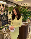 Fongt Sexy Elegant Dress Solid Color Long Sleeve Round Neck Wrap Hip Long Skirt Women's