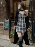 Elegant Two Piece Dress Set Women Korean Style Y2K Plaid Strap Mini Dress Set Female Casual Slim Designer Chic Suit