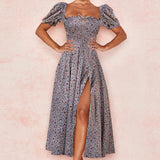 Fongt Women's New Broken Flower Collar Sexy Open Fork Spring Dress Women