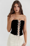 Black Lace Up Tube Top And White Satin Midi Skirt Set-Outfit
