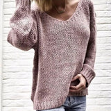 Solid Color Knitted Sweater V Neck Long Sleeve