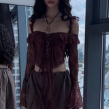 New One-Word Shoulder-Strapped Wood Ear Horn Sleeves Show Thin Lace Irregularly Lace Cardigan Blouse-Outfit
