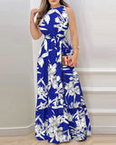Fongt Summer New Hanging Neck Tie Print Lotus Leaf Dress Woman