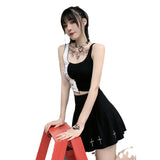 Fongt Personality Splicing Contrast Color Print Outside The Top Female Ins Inside The Lace Female Student Sling Shirt Tide-Outfit