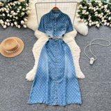 Fongt Familiar Style Niche Fashion Short-Sleeved Wave Dot Denim Dress Women's Waist Thin Temperament Elegant A-Word Shirt Skirt