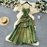 Fongt Goddess Fan Design Sense Square Neck Sling Sling Sling Folds To The Waist Lotus Leaf Dress Girl Dress Dress
