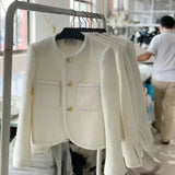 Autumn Winter Small Fragrant Tweed Jacket Coat Women Vintage Woolen Short Coats Streetwear Elegant Casual Slim Outwear