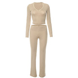 Fongt Women's Spring New Long-Sleeved Lace V-Neck Blouse High-Waisted Trouser Casual
