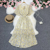 Fongt Wind Temperament Sweet Broken Flower V Collar Dress Beach Vacation Snow Spinning A Word Long Skirt-Outfit