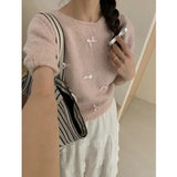 Fongt Chic Spring And Summer Little Bow Bow Short-Sleeved Collar Knitted Jersey Girl Spring Sweet Soft Foam Bubble Sleeve Top