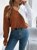 Fongt Shooting 2025 Autumn And Winter Casual V-Neck Button Bump Color Lantern Sleeve Sweater