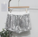 Fongt Shooting Babes Shiny Shiny Splicing Loose Waist Shorts Design Feel Thin Broad Leg Hot Pants 9053