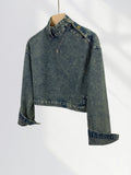 Fongt Cool Waste Rustic Denim Coat Female Retro Wash Do Old Standing Collar Hottie Short Denim Jacket Motorcycle Suit-Outfit