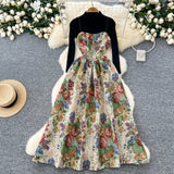 Fongt Retro Jed Flower Embroidery Sling Dress Women's Bottom Knitting Shirt 2025 Autumn And Winter French Style