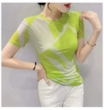 Fashion Printing Long-Sleeved Round Neck T-shirt Women Contrast Color Slim Double-Layer Mesh Tees Tops-Outfit