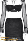 Two Piece Skirt Sets Long Flared Sleeve Pleated Mini Mesh Skirt 2 Piece Sets Womens Party Night Cubwear Outfits