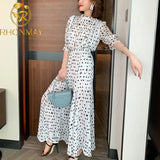 Fashion Women Polka Dot Trousers Suit Summer Chiffon O Neck Ruffles Shirt + Holiday Ladies Pleated Wide-Leg Length Pants