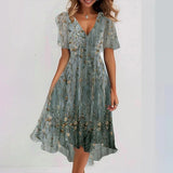 Fongt Summer New Loose Leisure Shuya V Collar Crumped New Hot Print Dress.