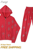 Women's Tracksuit Casual Rhinestone Long Sleeve Hooded Sport Suits Hoodie Sweatshirts and Long Pant Two Piece Sets y2k New