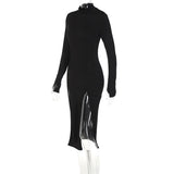 Fongt New High Collar Long Sleeves High Slits Irregular Slim Long Solid Color