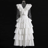 Fongt Holiday Wind Autumn 2024 New V Collar Fly Sleeve Flounce Stitching Cake Skirt Solid Color Suit-Outfit