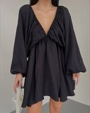 Fongt New V-Necked Long-Sleeved Dress Independent Design Bubble Sleeve Dress