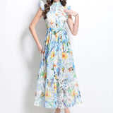 Fongt Slicing Hollow Lace Splicing Small Flying Sleeves To Close The Belt With Thin Temperament Single-Drace Printed Dress