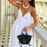Fongt New Women's Temperament Sexy Bare Back Sleeveless Solid Color V Tie Sling Skirt Dress