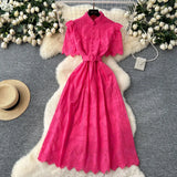 Fongt Lady Dress 2025 Summer Waists Slim Collar Short-Sleeved Hollow Hook Embroidery Single Row Buckle Dress