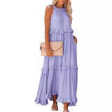 Fongt Summer New Holiday Wind Lotus Leaf Side Long Dress Swing Flowing Beach Dress Woman