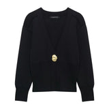 Fongt Temperament Metal Button Knitted Cardigan 2025 Spring Long Sleeve V Collar Short Coat Woman